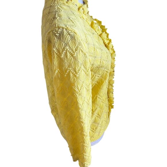 Vtg 60s pointelle scallop ruffle cardigan sweater small butter yellow - Picture 4 of 11